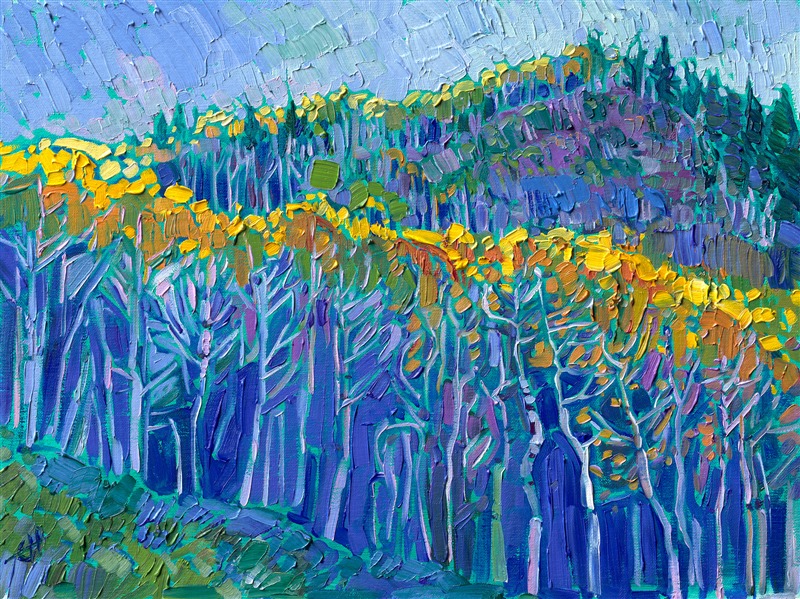 The cool hues of early dawn are illuminated suddenly by a streak of sunlight across the tops of the aspen groves, bringing in the bright colors of sunlight into the landscape. The brush strokes in this oil painting are thick and impressionistic, alive with motion and contrasting textures.</p><p>"Aspen Dawn" was created on 1/8" linen board. The painting arrives framed in a black and gold plein air frame.