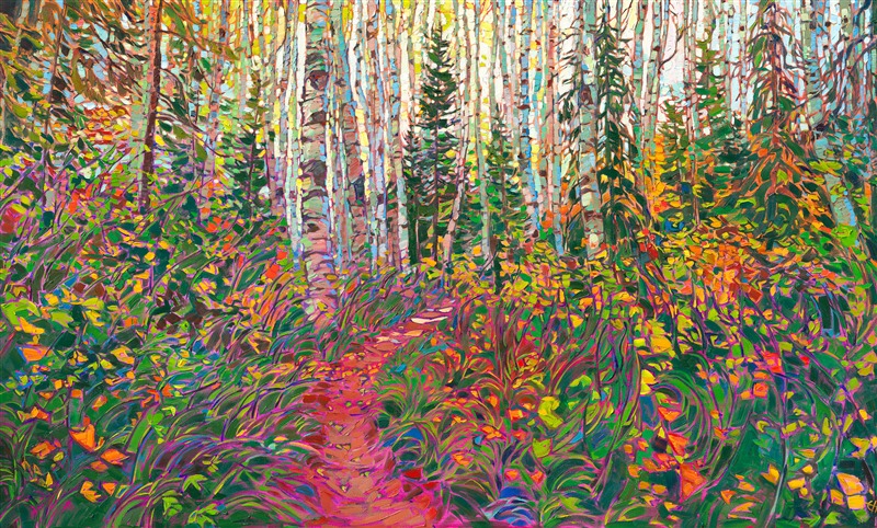 Impasto brush strokes of oil paint capture this enchanted forest of aspen and pine trees. The narrow path leads you through the quiet forest, surrounded by fragrant evergreens and autumn-colored aspens.</p><p>"Aspen Forest" was created on gallery depth canvas, and the painting arrived framed in a contemporary gold floater frame.