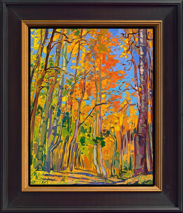 Autumn colors of bright yellow and cadmium orange cover the red rock landscapes of the Colorado Plateau in October. This painting captures the fleeting beauty of the quaking aspen with vivid pigments and impasto brush strokes.</p><p>"Aspen Gold" is an original oil painting on linen board. This piece arrives framed in a custom-made plein air frame (mock floater style, so the edges are uncovered).</p><p>This painting will be displayed at Erin Hanson's annual <a href="https://www.erinhanson.com/Event/ErinHansonSmallWorks2022" target=_"blank"><i>Petite Show</a></i> on November 19th, 2022, at The Erin Hanson Gallery in McMinnville, OR.</p><p>