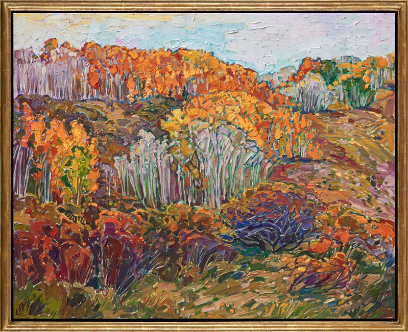 A grove of aspen trees spreads along the hillside in this painting of Cedar Breaks National Park. The grove changes color in waves, moving from green to yellow to orange, and the bare, leafless trees stand starkly pale against the colorful background.</p><p>The brush strokes in this oil painting are loose and expressionistic, capturing the feeling of being outdoors in the late autumn. The painting was created on 1-1/2" canvas, with the painting continued around the edges of the canvas.  It has been framed in a custom-made gold floater frame and arrives ready to hang.</p><p>This painting was exhibited in <i><a href="https://www.erinhanson.com/Event/ErinHansonAmericanVistas/" target="_blank">Erin Hanson: American Vistas</i></a> at the Nancy Cawdrey Studios and Gallery in Whitefish, Montana, 2019.