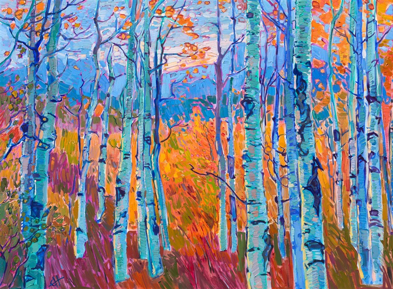 Cedar Breaks National Monument is a must-visit for anyone who loves aspen trees. This park is only a few hours from Zion National Park, and it is one of the best places to enjoy the quaking aspen's autumn show of color. Quiet pathways and hidden rivers and ponds are surrounded by the colorful trees, their coin-shaped leaves chattering and singing in the wind.</p><p><b>Note:<br/>"Aspen Hues" will be included in the <i><a href="https://www.erinhanson.com/Event/SearsArtMuseum" target="_blank">Erin Hanson: Landscapes of the West</a> </i>solo museum exhibition at the Sears Art Museum in St. George, Utah. This museum exhibition, located at the gateway to Zion National Park, will showcase Erin Hanson's largest collection of Western landscape paintings, including paintings of Zion, Bryce, Arches, Cedar Breaks, Arizona, and other Western inspirations. The show will be displayed from June 7 to August 23, 2024.</p><p>You may purchase this painting online, but the artwork will not ship after the exhibition closes on August 23, 2024.</b><br/><p>