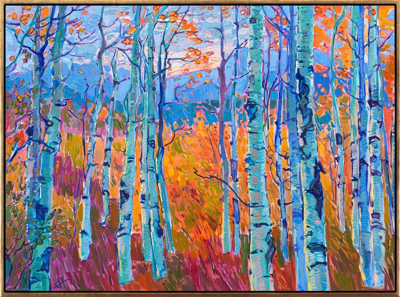 Cedar Breaks National Monument is a must-visit for anyone who loves aspen trees. This park is only a few hours from Zion National Park, and it is one of the best places to enjoy the quaking aspen's autumn show of color. Quiet pathways and hidden rivers and ponds are surrounded by the colorful trees, their coin-shaped leaves chattering and singing in the wind.</p><p>This painting was exhibited at <i>Erin Hanson: Landscapes of the West </i> solo museum exhibition at the Sears Art Museum in St. George, Utah.