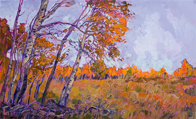 This painting of Cedar Breaks National Park, in Utah, captures the contrast of the autumn aspens against a lavender-hued, cloudy dawn sky.  This painting is alive with texture and motion, the brush strokes forming an impressionistic mosaic of color.</p><p>This painting has been framed in a hand-carved, gold-leaf floater frame.  This custom frame beautifully complements the colors in the painting.  Read more about the <a href="https://www.erinhanson.com/Blog?p=AboutErinHanson" target="_blank">painting's details here.</a><br/>