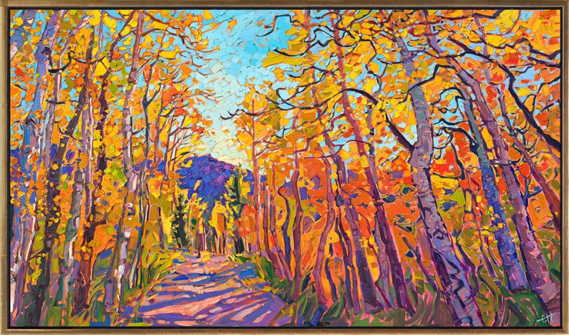 Hiking through an aspen tree grove in the fall is something you will never forget. The sound of the rustling coin-shaped leaves, combined with the vibrant cadmium colors everywhere you look, transports you to a realm of peace and beauty. This painting captures this moment with thick, impasto brush strokes and colors that are straight from memory.</p><p>"Aspen Lights" in an original oil painting in Erin Hanson's signature Open Impressionism style. The brush strokes are loose and impressionistic, creating a mosaic of color and texture across the canvas. The piece arrives framed in a closed-corner, hand-made, gold floater frame.