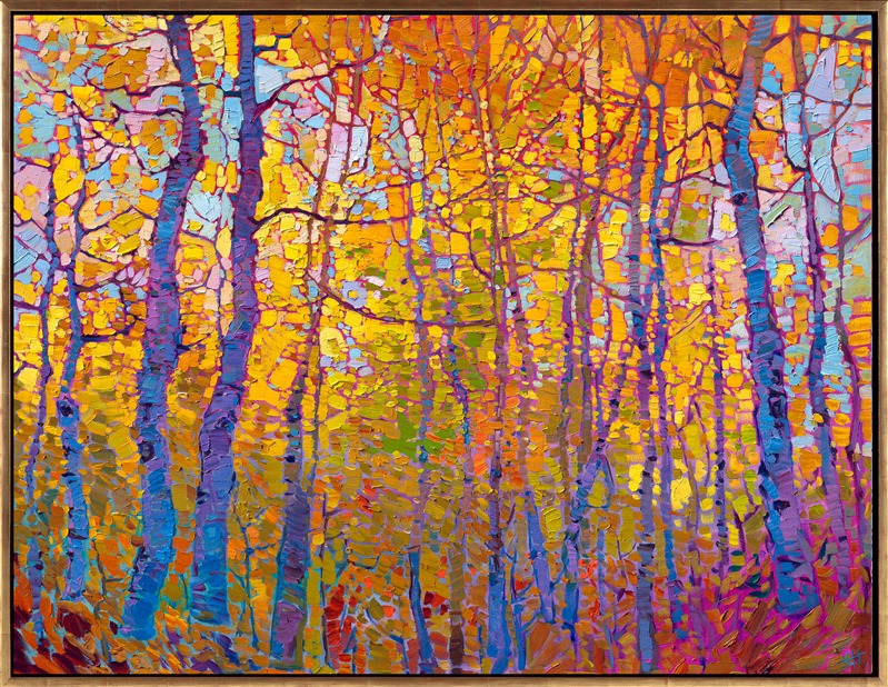 An exuberance of color dances on the canvas in celebration of the colors of autumn. The aspen trees glitter with hues of gold, the pale blue sky peeking out between the branches. The impressionistic brush strokes are thickly applied with a loose, painterly hand.</p><p>"Aspen Mosaic" was created on gallery-depth canvas, with the painting continued around the edges. The piece arrives framed in a contemporary gold floater frame finished in 23kt burnished gold leaf.