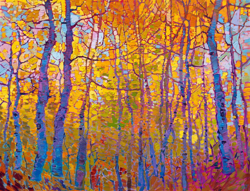 An exuberance of color dances on the canvas in celebration of the colors of autumn. The aspen trees glitter with hues of gold, the pale blue sky peeking out between the branches. The impressionistic brush strokes are thickly applied with a loose, painterly hand.

"Aspen Mosaic" was created on gallery-depth canvas, with the painting continued around the edges. The piece arrives framed in a contemporary gold floater frame finished in 23kt burnished gold leaf.