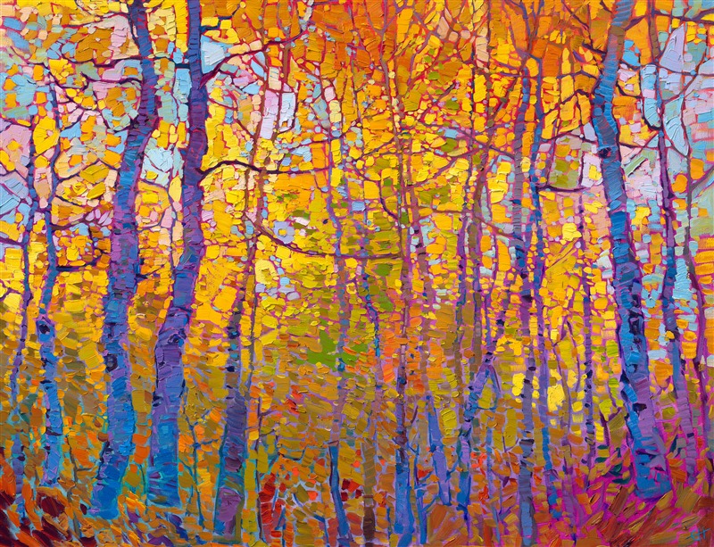 An exuberance of color dances on the canvas in celebration of the colors of autumn. The aspen trees glitter with hues of gold, the pale blue sky peeking out between the branches. The impressionistic brush strokes are thickly applied with a loose, painterly hand.</p><p>"Aspen Mosaic" was created on gallery-depth canvas, with the painting continued around the edges. The piece arrives framed in a contemporary gold floater frame finished in 23kt burnished gold leaf.