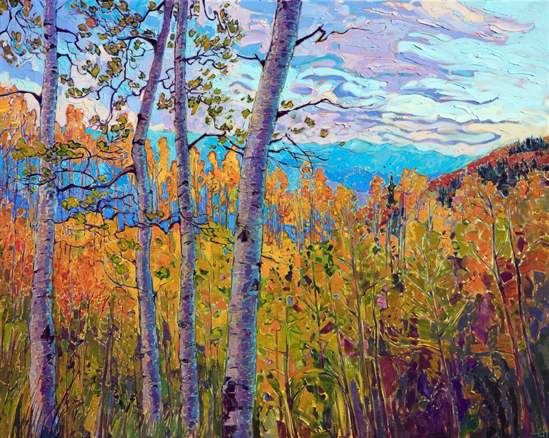 Rows of aspen trees march across the rolling mountainsides of Cedar Breaks National Park, in southern Utah. You can almost feel the cool autumn air whispering through the copper-colored leaves. The brush strokes in this painting are loose and impressionistic, alive with color and motion.</p><p>This painting was created on 1-1/2" canvas, with the painting continued around the edges. It has been framed in a silver floater frame and arrives ready to hang.