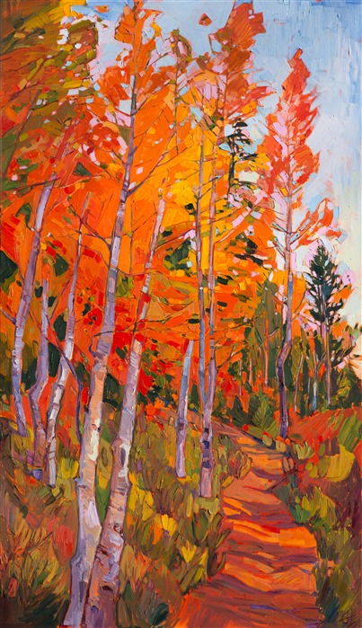 A cathedral of color shades this Aspen-lined path inspired by an October hike near Zion National Park.  The brush strokes are thick and expressive, creating a sense of movement that mesmerizes and lets you drift into your own imagination while gazing at the painting.</p><p>This painting was created on gallery-depth canvas, with the painting continued around the edges. This painting does not require framing and arrives ready to hang.