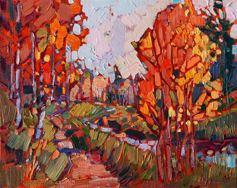 Autumn aspens glow with vibrant color in this loose impressionistic painting.  This painting brings to life the beauty of Cedar Breaks National Park in southern Utah.</p><p>This painting was created on 3/4"-deep canvas. It has been framed in a beautiful complementary plein air frame and arrives wired and ready to hang.