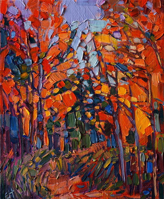 Autumn colors burst in rich cadmiums from these aspens. The winding trail winds between the tall trees, casting cool shadows upon the ground. The impressionistic brush strokes create an abstract mosaic of color across the canvas.</p><p>This painting was created on 3/4"-deep canvas. It has been framed in a beautiful classic frame and arrives wired and ready to hang.