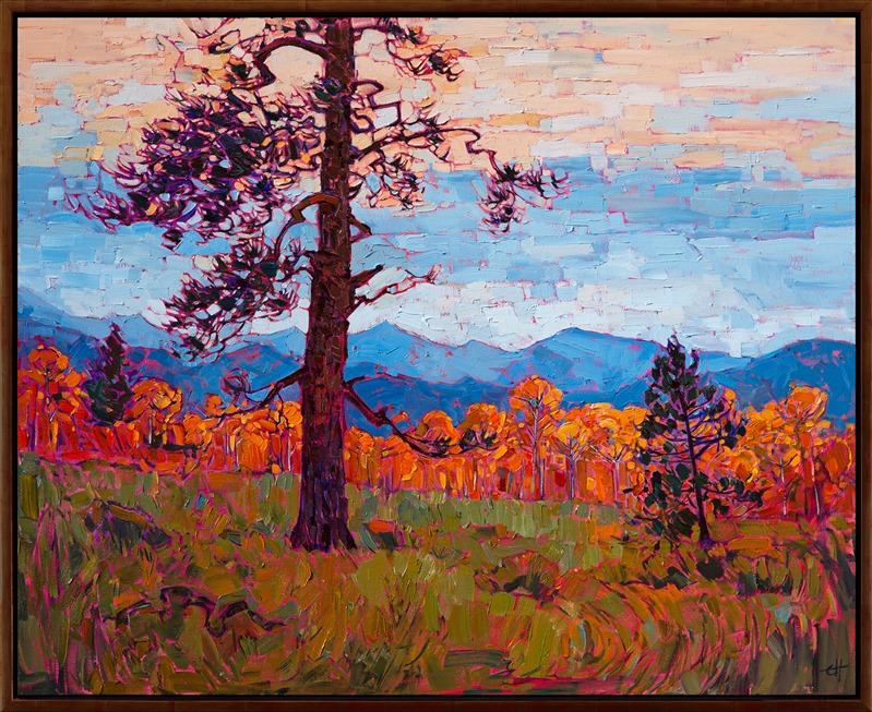 Southwest Utah color is captured in expressive texture and painterly brush strokes. This painting brings to life a transient moment of beauty seen at Cedar Breaks National Park, near Zion.  The yellow-orange hues of the aspens are set off by the distant blue mountain ranges.</p><p>This painting is being sold on consignment.