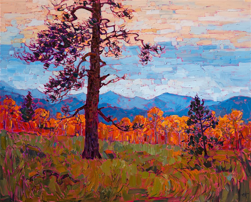 Southwest Utah color is captured in expressive texture and painterly brush strokes. This painting brings to life a transient moment of beauty seen at Cedar Breaks National Park, near Zion.  The yellow-orange hues of the aspens are set off by the distant blue mountain ranges.

This painting is being sold on consignment.