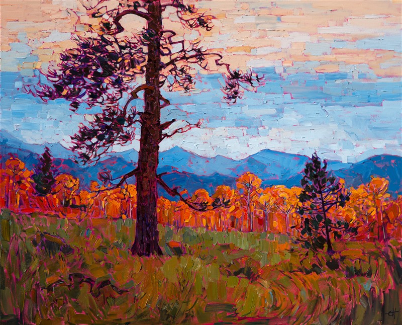 Utah color is captured in expressive texture and painterly brush strokes. This painting brings to life a beautiful and transient moment of beauty seen at Cedar Breaks National Park, near Zion.  The yellow-orange hues of the aspens are set off by the distant blue mountain ranges.</p><p>This painting will be displayed at <a href="https://www.erinhanson.com/Event/ErinHansonTheOrangeShow">The Orange Show</a> at The Erin Hanson Gallery during the month of October.  The piece is available for purchase now, but your painting will be shipped at the end of the exhibition.</p><p>The painting has been framed in a gold floater frame.  It arrives wired and ready to hang.
