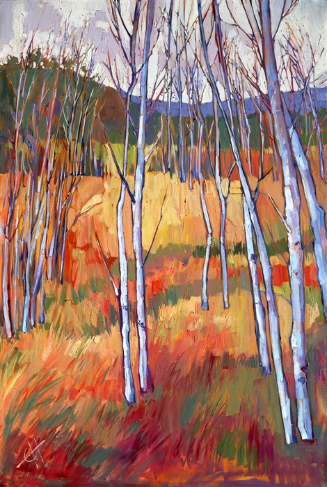 November aspens at Zion National Park captured in loose oils, each brush stroke alive with intense color.