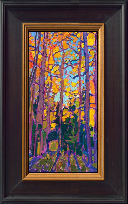 Tall aspen trees stretch into the sky, abstract shapes of brilliant fall color created by crisscrossing branches. The brush strokes are laid side by side in the Open Impressionism style of painting pioneered by Erin Hanson.</p><p>"Aspens in Gold" is an original oil painting on linen board. The piece arrives framed in a black and gold plein air frame, ready to hang.</p><p>This painting will be displayed at Erin Hanson's annual <a href="https://www.erinhanson.com/Event/ErinHansonSmallWorks2022" target=_"blank"><i>Petite Show</a></i> on November 19th, 2022, at The Erin Hanson Gallery in McMinnville, OR.