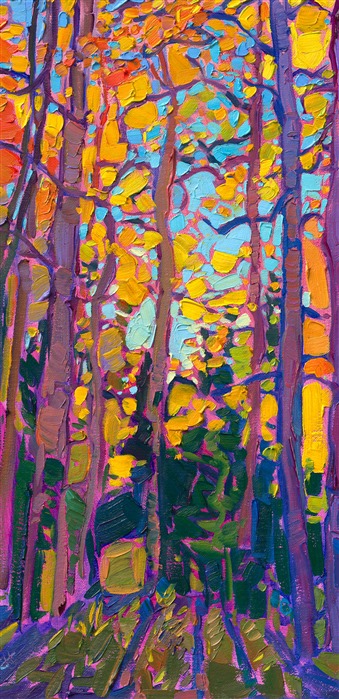 Tall aspen trees stretch into the sky, abstract shapes of brilliant fall color created by crisscrossing branches. The brush strokes are laid side by side in the Open Impressionism style of painting pioneered by Erin Hanson.</p><p>"Aspens in Gold" is an original oil painting on linen board. The piece arrives framed in a black and gold plein air frame, ready to hang.</p><p>This painting will be displayed at Erin Hanson's annual <a href="https://www.erinhanson.com/Event/ErinHansonSmallWorks2022" target=_"blank"><i>Petite Show</a></i> on November 19th, 2022, at The Erin Hanson Gallery in McMinnville, OR.