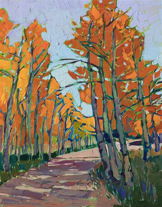 A gently curving trail leads into an aspen grove in Cedar Breaks National Park, Utah. The brilliant hues of the aspens range from bright apple green to yellow to bold, tangerine orange. The abstract shapes of the aspen groves cut negative shapes out of the lavender sky.</p><p>This painting was created on linen board, and it arrives ready to hang in a custom-made frame.