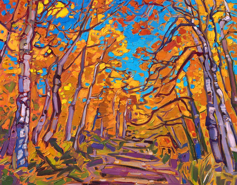 Hiking through the winding trails of southern Utah's aspen forests is peaceful and invigorating. The vibrant hues of gold and orange shimmer around you, while the coin-shaped leaves rustle and clap in the wind. This painting captures the beauty of Cedar Breaks National Park with thick, impressionistic brush strokes.</p><p>"Aspens on Blue" is an original oil painting created on linen boad. The piece arrives framed in a black and gold plein air frame.