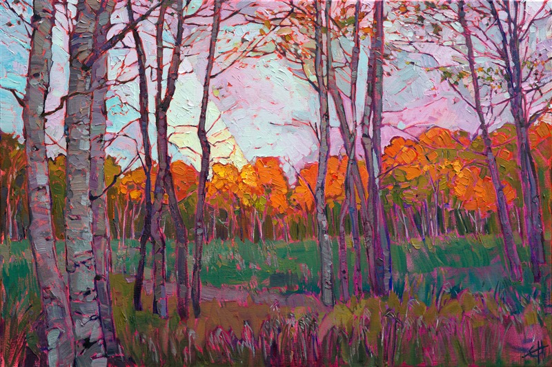 During this past October, the artist traveled for a week through Utah and Colorado in search of the quickly changing color of aspens and cottonwood trees.  This painting capture that fleeting moment of overwhelming beauty.</p><p>This painting was created on deep canvas, with the painting continued around the wrapped edges of the stretched canvas. It arrives ready to hang without a frame necessary.</p><p>