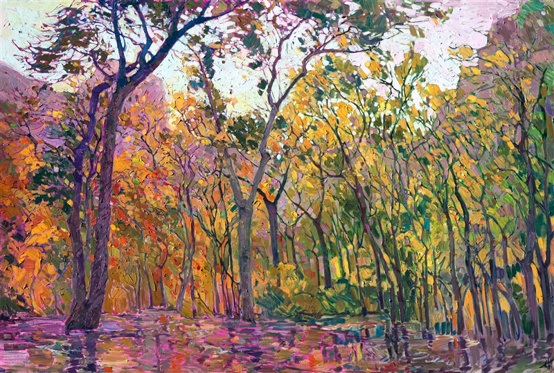 A rainy afternoon at the Lodge, deep in the canyons of Zion National Park, let me see the autumn-hued cottonwoods in a whole new light, their colors drenched and saturated in the low light.  The brush strokes in this painting are loose and impressionistic, creating a mosaic of color and texture across the canvas.</p><p>This painting was created on a gallery-depth canvas with the painting continued around the edges. The painting will arrive in a beautiful hardwood floater frame, ready to hang.</p><p>Exhibited: St George Art Museum, Utah, in a solo exhibition celebrating the National Park's centennial: <i><a href="https://www.erinhanson.com/Event/ErinHansonMuseumShow2016" target="_blank">Erin Hanson's Painted Parks</a></i>, 2016.
