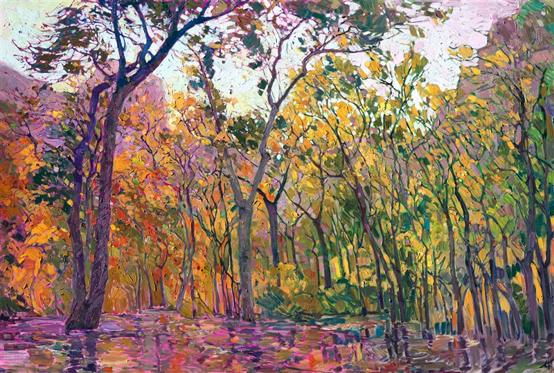 A rainy afternoon at the Lodge, deep in the canyons of Zion National Park, let me see the autumn-hued cottonwoods in a whole new light, their colors drenched and saturated in the low light.  The brush strokes in this painting are loose and impressionistic, creating a mosaic of color and texture across the canvas.

This painting was created on a gallery-depth canvas with the painting continued around the edges. The painting will arrive in a beautiful hardwood floater frame, ready to hang.

Exhibited: St George Art Museum, Utah, in a solo exhibition celebrating the National Park's centennial: <i><a href="https://www.erinhanson.com/Event/ErinHansonMuseumShow2016" target="_blank">Erin Hanson's Painted Parks</a></i>, 2016.