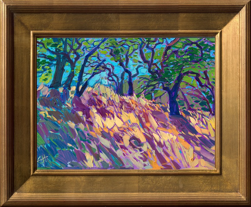 Driving through the long, winding roads through wine country on the way to Mendocino, California, you see many grass-covered hillsides with giant oak trees sitting atop, their ancient branches stretching out over the road, covering the landscape with cool shade.</p><p>"August Oaks" is an original oil painting on linen board. The piece arrives framed in a custom plein air frame, ready to hang.