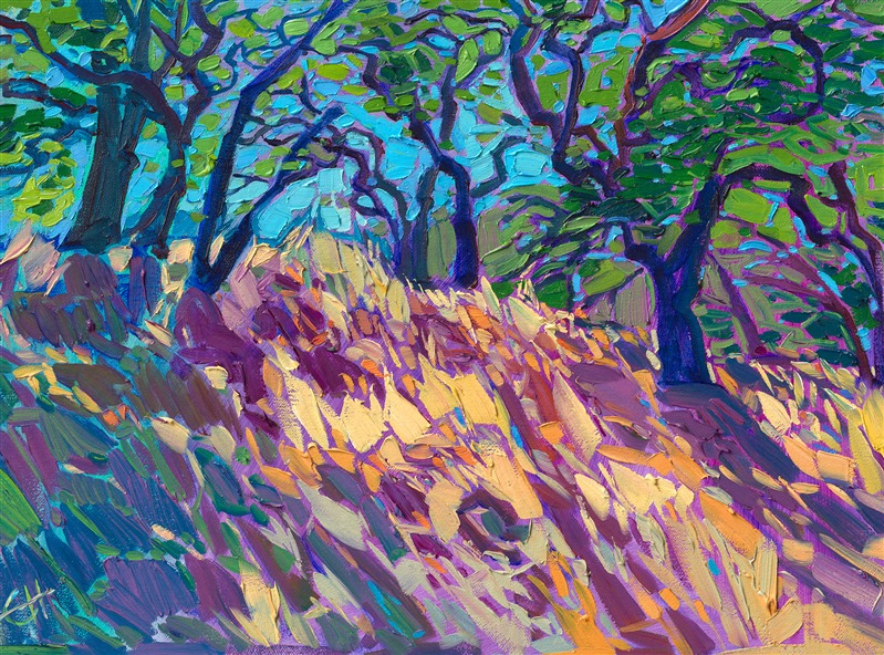 Driving through the long, winding roads through wine country on the way to Mendocino, California, you see many grass-covered hillsides with giant oak trees sitting atop, their ancient branches stretching out over the road, covering the landscape with cool shade.

"August Oaks" is an original oil painting on linen board. The piece arrives framed in a custom plein air frame, ready to hang.