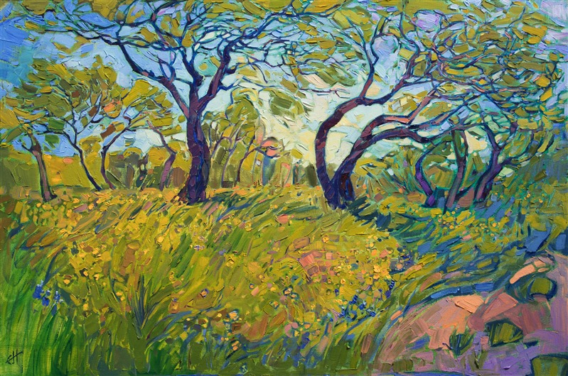 This painting was included in the exhibition <i><a href="https://www.erinhanson.com/Event/ContemporaryImpressionismatGoddardCenter" target="_blank">Open Impressionism: The Works of Erin Hanson</i></a>, a 10-year retrospective and study of the development of Open Impressionism. </p><p>About the Painting:<br/>This contemporary impressionism painting of Texas Hill Country captures the spring green colors of the landscape near Austin.  The bending branches cut abstract shapes of light into the sky, giving an impression like stained glass.  The thick, impasto brush strokes are lively and full of expression.</p><p>This painting was done on 1-1/2" deep canvas, with the painting continued around the edges for a finished look.