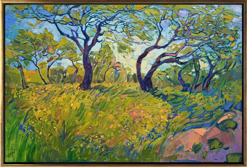 This painting was included in the exhibition <i><a href="https://www.erinhanson.com/Event/ContemporaryImpressionismatGoddardCenter" target="_blank">Open Impressionism: The Works of Erin Hanson</i></a>, a 10-year retrospective and study of the development of Open Impressionism. </p><p>About the Painting:<br/>This contemporary impressionism painting of Texas Hill Country captures the spring green colors of the landscape near Austin.  The bending branches cut abstract shapes of light into the sky, giving an impression like stained glass.  The thick, impasto brush strokes are lively and full of expression.</p><p>This painting was done on 1-1/2" deep canvas, with the painting continued around the edges for a finished look.