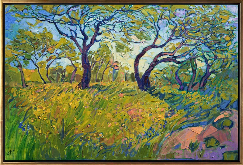 This painting was included in the exhibition <i><a href="https://www.erinhanson.com/Event/ContemporaryImpressionismatGoddardCenter" target="_blank">Open Impressionism: The Works of Erin Hanson</i></a>, a 10-year retrospective and study of the development of Open Impressionism. </p><p>About the Painting:<br/>This contemporary impressionism painting of Texas Hill Country captures the spring green colors of the landscape near Austin.  The bending branches cut abstract shapes of light into the sky, giving an impression like stained glass.  The thick, impasto brush strokes are lively and full of expression.</p><p>This painting was done on 1-1/2" deep canvas, with the painting continued around the edges for a finished look.
