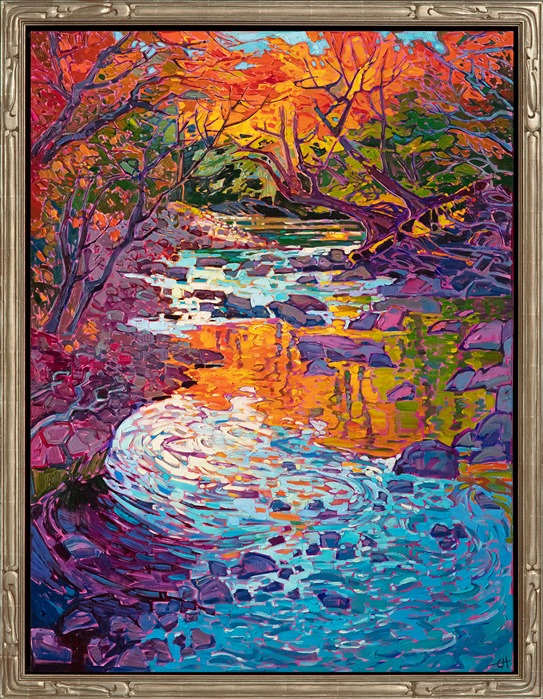 Rich hues of autumn dance along the winding creek bed, which glimmers with reflected color. This painting captures a scene near the White Mountains on the east coast.</p><p>"Autumn Creek" was created on 1-1/2" canvas, and it arrives framed in a champagne gold, carved floater frame.