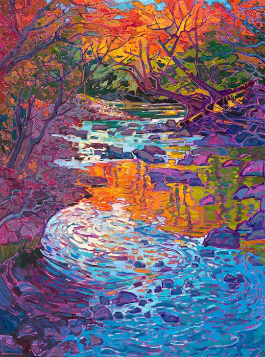 Rich hues of autumn dance along the winding creek bed, which glimmers with reflected color. This painting captures a scene near the White Mountains on the east coast.</p><p>"Autumn Creek" was created on 1-1/2" canvas, and it arrives framed in a champagne gold, carved floater frame.