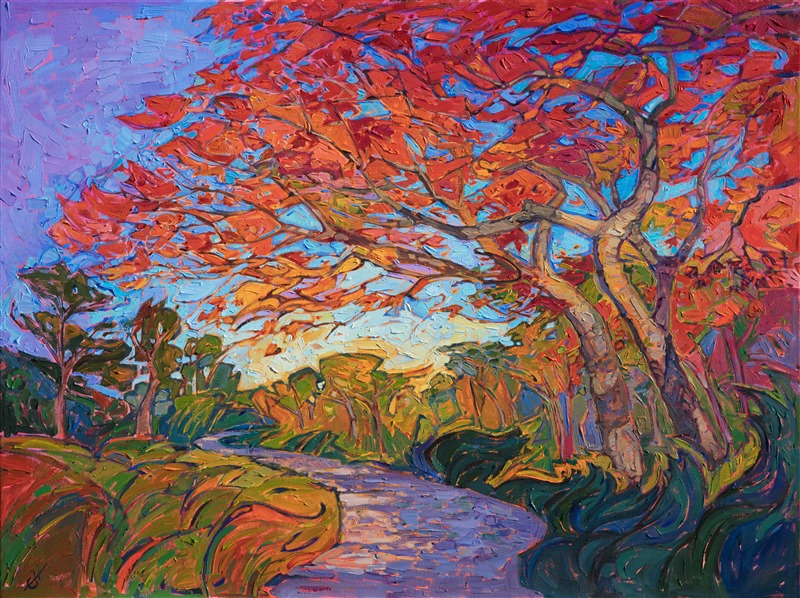 A joyous burst of autumn color is captured in this painting of Japanese maple trees. The trees seem to dance together under the lingering warmth of an autumn sky. The brush strokes are loose and impressionistic, alive with color and motion.</p><p>This painting was created on 1-1/2" canvas, with the painting continued around the edges. The piece has been framed in a custom-made, gold floater frame.