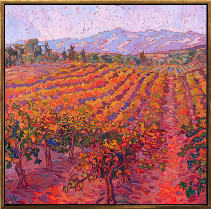 Rich hues of autumn are illuminated by the soft light of early morning in this painting of Paso Robles wine country. The rolling hills of vineyards draw the eye into the painting and into the imagination. Impasto brush strokes capture the movement and texture of the scene.</p><p>"Autumn Dreams" is an original oil painting on stretched canvas. The piece arrives framed in a 23kt gold floater frame, ready to hang.</p><p><b>Please note:</b> This painting will be hanging in a museum exhibition until November 5th, 2023. This piece is included in the show <i><a href="https://www.erinhanson.com/Event/ErinHansonatBoneCreekMuseum">Erin Hanson: Color on the Vine</i></a> at the Bone Creek Museum of Agrarian Art in Nebraska. You may purchase the painting now, but you will not receive the painting until after the show ends in November 2023.