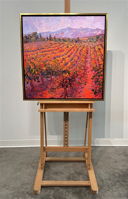 Rich hues of autumn are illuminated by the soft light of early morning in this painting of Paso Robles wine country. The rolling hills of vineyards draw the eye into the painting and into the imagination. Impasto brush strokes capture the movement and texture of the scene.</p><p>"Autumn Dreams" is an original oil painting on stretched canvas. The piece arrives framed in a 23kt gold floater frame, ready to hang.</p><p><b>Please note:</b> This painting will be hanging in a museum exhibition until November 5th, 2023. This piece is included in the show <i><a href="https://www.erinhanson.com/Event/ErinHansonatBoneCreekMuseum">Erin Hanson: Color on the Vine</i></a> at the Bone Creek Museum of Agrarian Art in Nebraska. You may purchase the painting now, but you will not receive the painting until after the show ends in November 2023.