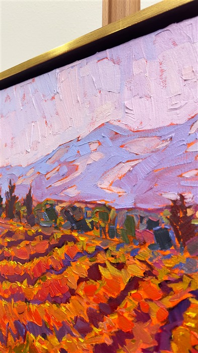 Rich hues of autumn are illuminated by the soft light of early morning in this painting of Paso Robles wine country. The rolling hills of vineyards draw the eye into the painting and into the imagination. Impasto brush strokes capture the movement and texture of the scene.</p><p>"Autumn Dreams" is an original oil painting on stretched canvas. The piece arrives framed in a 23kt gold floater frame, ready to hang.</p><p><b>Please note:</b> This painting will be hanging in a museum exhibition until November 5th, 2023. This piece is included in the show <i><a href="https://www.erinhanson.com/Event/ErinHansonatBoneCreekMuseum">Erin Hanson: Color on the Vine</i></a> at the Bone Creek Museum of Agrarian Art in Nebraska. You may purchase the painting now, but you will not receive the painting until after the show ends in November 2023.