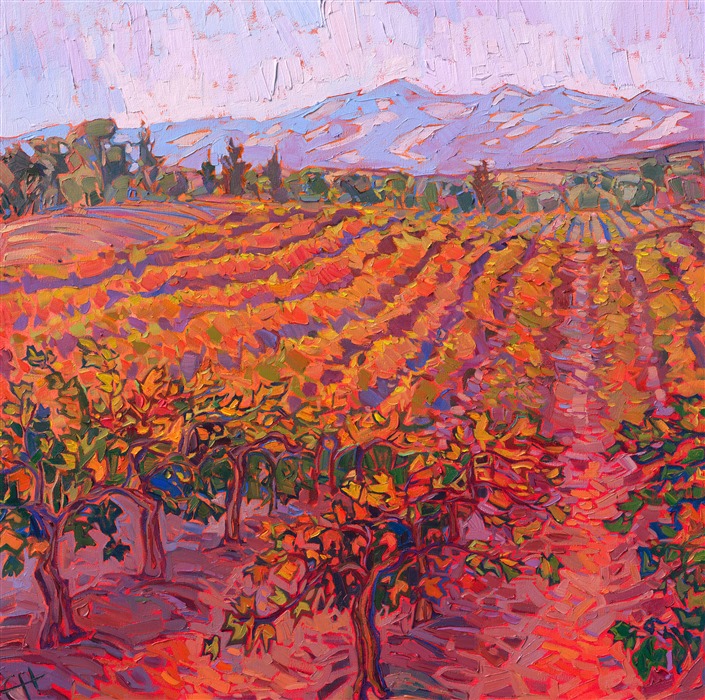 Rich hues of autumn are illuminated by the soft light of early morning in this painting of Paso Robles wine country. The rolling hills of vineyards draw the eye into the painting and into the imagination. Impasto brush strokes capture the movement and texture of the scene.</p><p>"Autumn Dreams" is an original oil painting on stretched canvas. The piece arrives framed in a 23kt gold floater frame, ready to hang.</p><p><b>Please note:</b> This painting will be hanging in a museum exhibition until November 5th, 2023. This piece is included in the show <i><a href="https://www.erinhanson.com/Event/ErinHansonatBoneCreekMuseum">Erin Hanson: Color on the Vine</i></a> at the Bone Creek Museum of Agrarian Art in Nebraska. You may purchase the painting now, but you will not receive the painting until after the show ends in November 2023.