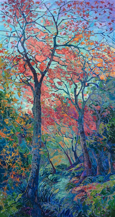 Inspired by Japanese maples, this painting captures the vivid colors of autumn against a turquoise-purple sky. </p><p>This painting is available for viewing at the newly renovated <a href="https://www.ayreshotels.com/ayres-hotel-seal-beach" target="_blank">Ayres Hotel in Seal Beach</a>.