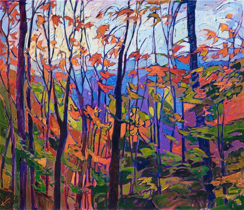 Delicate autumn leaves glitter in the early morning light, their warm hues a beautiful contrast against the distant layers of the mountain. The thickly applied brush strokes capture the sense of motion in the picture. The painting has a definite stained glass appearance, as the tall trees cut abstract shapes across the landscape.</p><p>This painting was done on 1-1/2" canvas, with the edges of the canvas painted. The piece will be framed in a gold floater frame and it arrives ready to hang