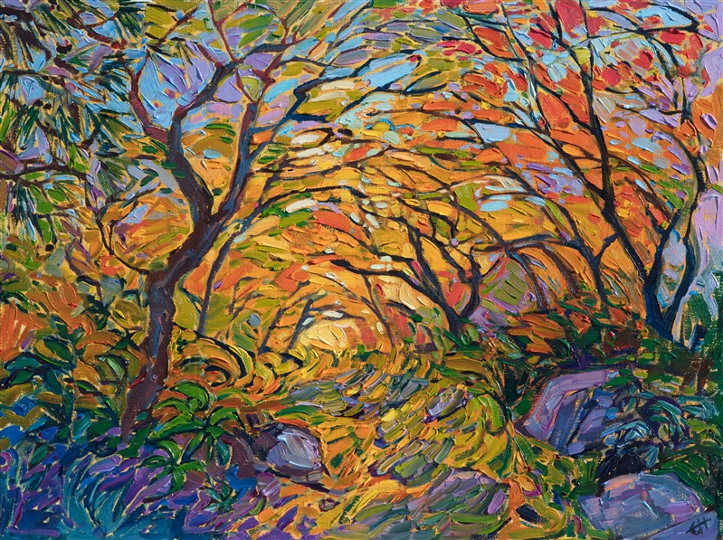 A scintillating array of fall colors glimmer in this painting of Japanese maple trees. The thickly applied brush strokes are alive with motion and texture, creating a mosaic of light upon the canvas.
