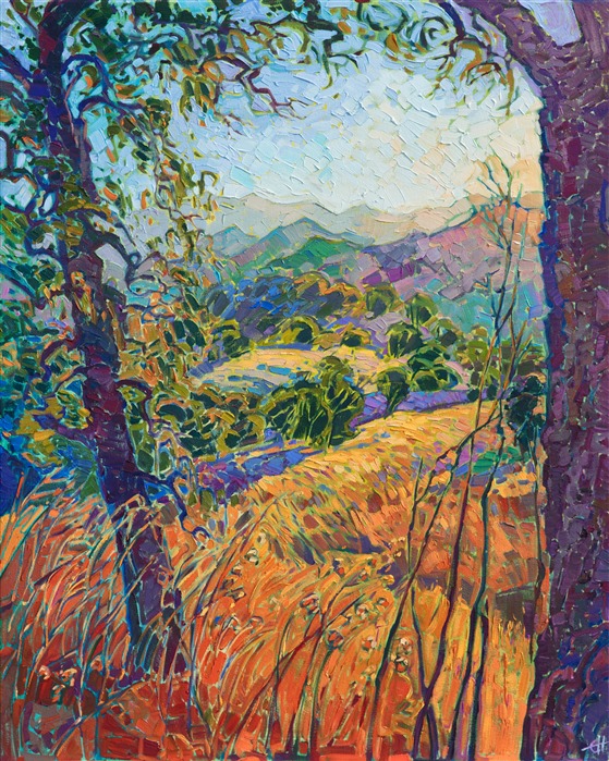This painting was inspired by the hill-top view at Adelaida Winery, in Paso Robles, California. This modern impressionism painting was created with thick, painterly brush strokes and expressive color. The autumn summer light casts a warm glow across the landscape, highlighting the distant coastal mountain range.</p><p>This painting was done on 1-1/2" canvas, with the edges of the canvas painted. The piece will be framed in a gold floater frame and it arrives ready to hang.