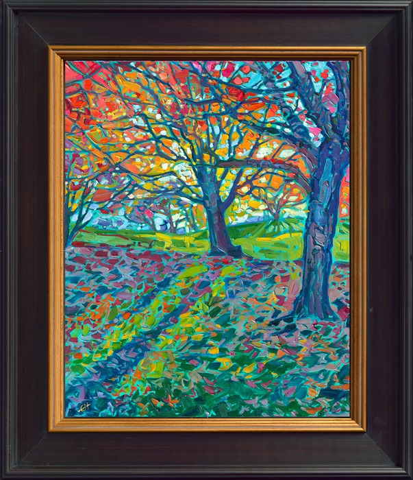 Maple trees drop their leaves onto the grassy ground, creating a pattern of orange against the green autumn grass. Sunlight filters through the overhead boughs, creating scintillating rays of color and shadow through the leaves.</p><p>"Autumn Leaves" is an original oil painting on linen, created in Erin's signature Open Impressionism style, featuring impasto brush strokes applied without layering. The effect is a stained-glass pattern of light and dark across the canvas. The piece arrives framed in a plein air frame, ready to hang.