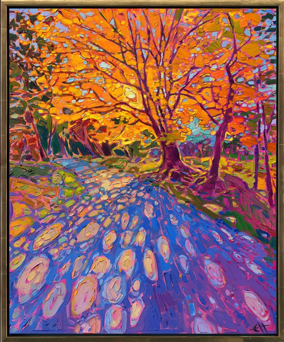 Golden hues of autumn drench the landscape with saturated colors. This impressionist oil painting captures the fleeting colors of autumn at their peak. This work was inspired by the Blue Ridge Mountains in South Carolina.</p><p>"Autumn Lights" is an original oil painting by Erin Hanson, created on stretched canvas. The piece arrives framed in a custom floater frame finished in burnished, 23kt gold leaf.