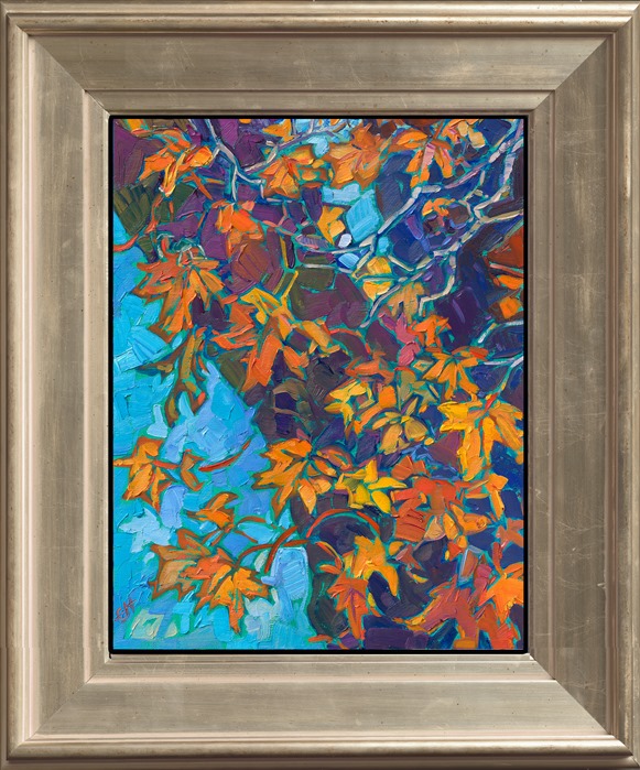 Rich hues of golden maple leaves catch the sunlight, gleaming with fall color against the dark background. The autumn blue sky peeks out between the leaves, creating abstract patterns of color.</p><p>"Autumn Maple" is an original oil painting on linen board. The piece arrives framed in a black and gold plein air frame, ready to hang.</p><p><b>PLEASE NOTE: This painting will be hanging at the Desert Caballeros Western Museum for their 18th annual Cowgirl Up exhibition. You may purchase this painting online, but the earliest we can ship your painting is September 3rd.</b></p><p>This painting was displayed at Erin Hanson's annual <a href="https://www.erinhanson.com/Event/ErinHansonSmallWorks2022" target=_"blank"><i>Petite Show</a></i> on November 19th, 2022, at The Erin Hanson Gallery in McMinnville, OR.