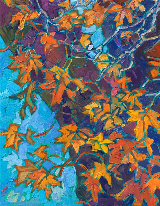 Rich hues of golden maple leaves catch the sunlight, gleaming with fall color against the dark background. The autumn blue sky peeks out between the leaves, creating abstract patterns of color.

"Autumn Maple" is an original oil painting on linen board. The piece arrives framed in a black and gold plein air frame, ready to hang.

<b>PLEASE NOTE: This painting will be hanging at the Desert Caballeros Western Museum for their 18th annual Cowgirl Up exhibition. You may purchase this painting online, but the earliest we can ship your painting is September 3rd.</b>

This painting was displayed at Erin Hanson's annual <a href="https://www.erinhanson.com/Event/ErinHansonSmallWorks2022" target=_"blank"><i>Petite Show</a></i> on November 19th, 2022, at The Erin Hanson Gallery in McMinnville, OR.