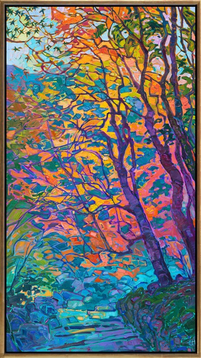 Colored light filters through the branches of these Japanese maple trees. The abstract pattern of light and dark looks like filigree. Each brush stroke is thick and impressionstic, adding to the movement of the piece.</p><p>"Autumn Mosaic" is an original oil painting created on gallery-depth stretched canvas. The piece arrives framed in a contemporary gold floater frame.