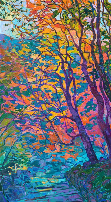 Colored light filters through the branches of these Japanese maple trees. The abstract pattern of light and dark looks like filigree. Each brush stroke is thick and impressionstic, adding to the movement of the piece.

"Autumn Mosaic" is an original oil painting created on gallery-depth stretched canvas. The piece arrives framed in a contemporary gold floater frame.