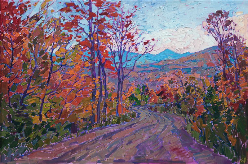 This painting was inspired by my first trip to New England in the fall of 2017.  Driving to the top of Quill Hill, in Rangeley, Maine, gave me a 360 degree view of the surrounding mountains and rolling landscape. This painting captures the beauty of autumn in thickly applied brush strokes and vivid color.