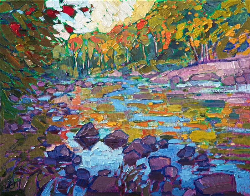 This painting of Eagle Lake in Acadia National Park captures the wild beauty of the east coast foliage in the fall. The brush strokes are loose and impressionistic, alive with color and motion.